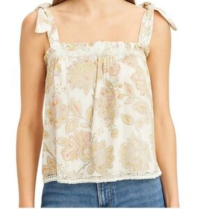 Lucky Brand XS Tie-Strap Floral Top 100% Boho Summer Peasant Lace Trim Cotton
